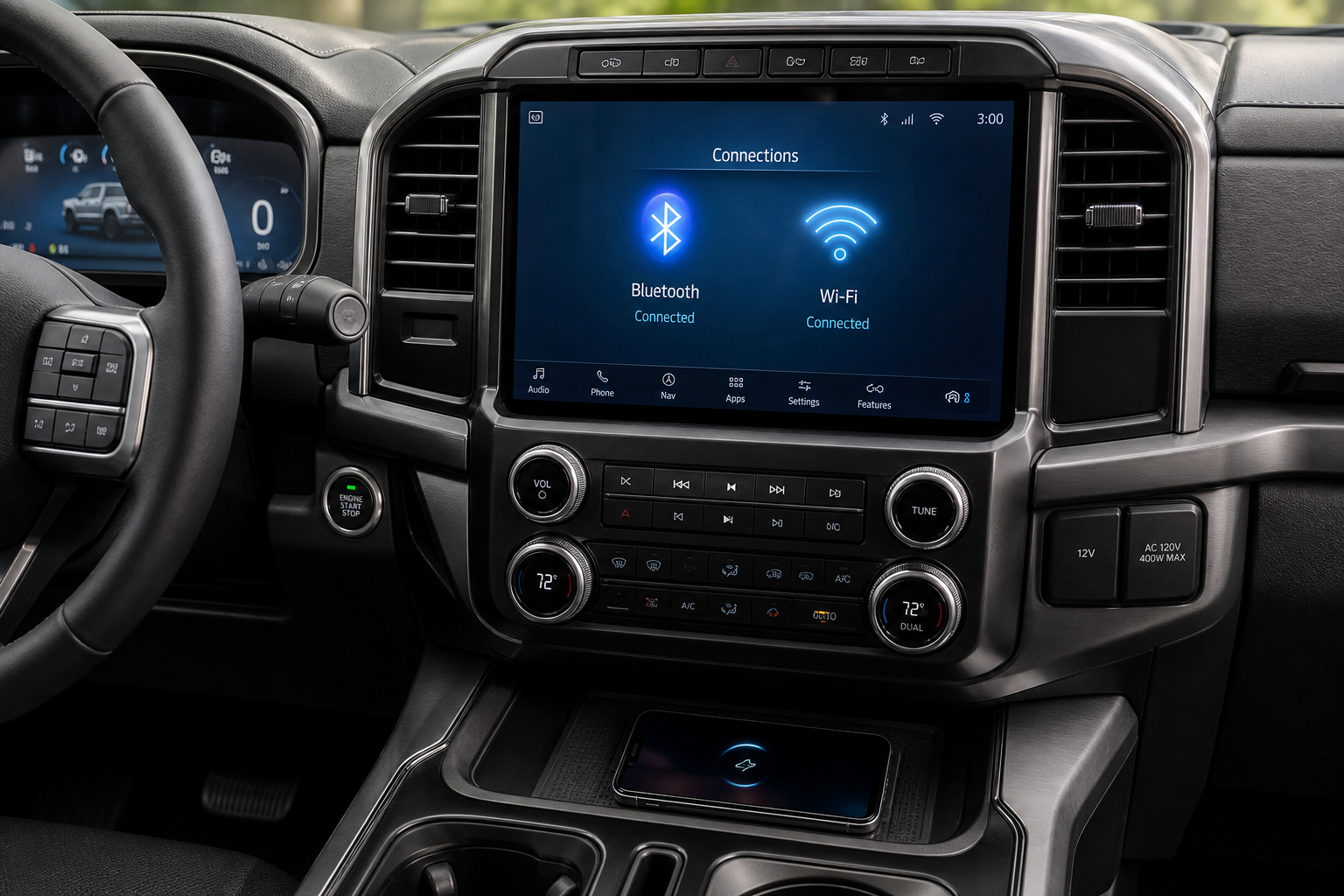 Ford F-150 infotainment screen showing wireless connection with a smartphone nearby