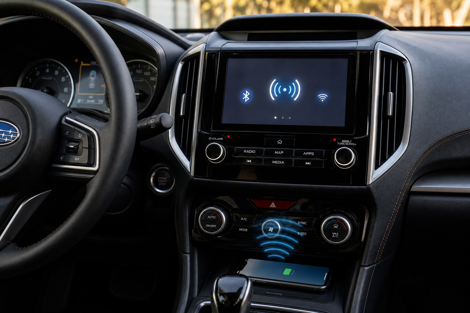 Subaru Forester dashboard showing wireless CarPlay connection between smartphone and infotainment screen