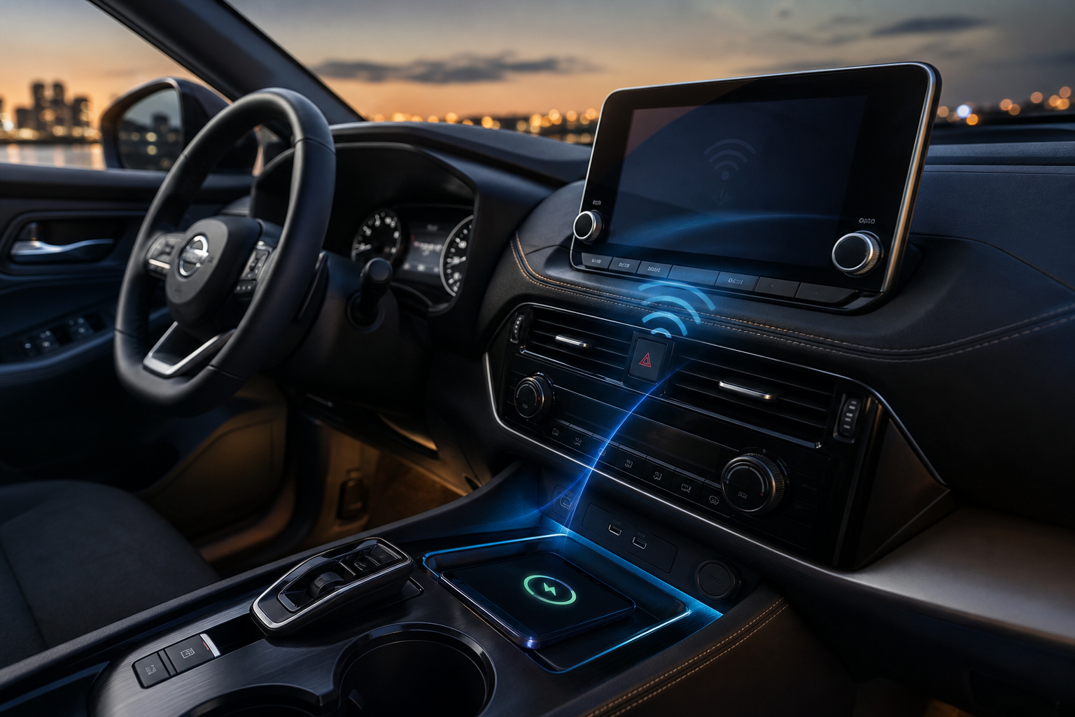 Smartphone paired wirelessly with a Nissan Rogue's infotainment system showing signal waves