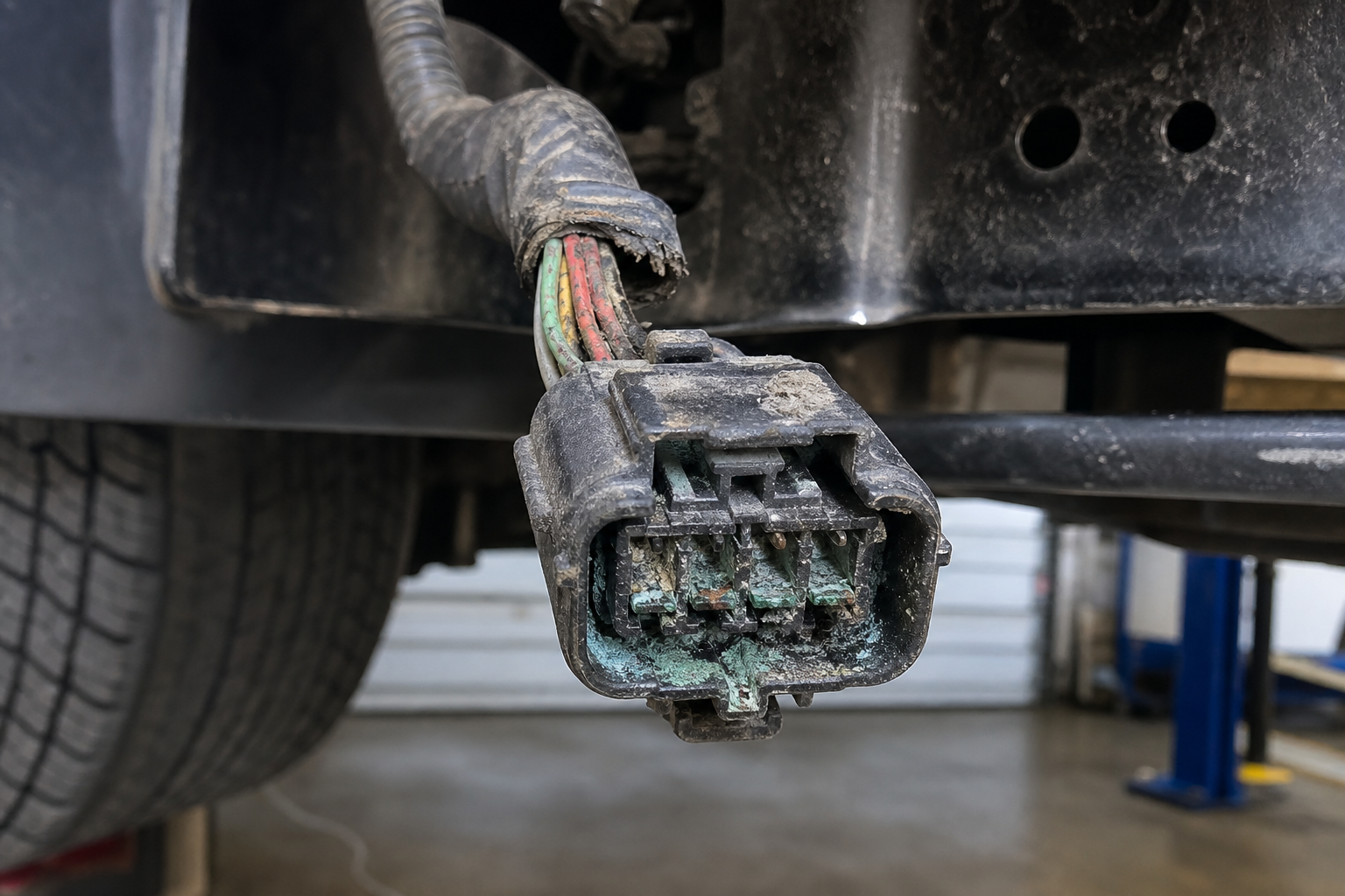 Corroded wiring connector from a truck's parking sensor system