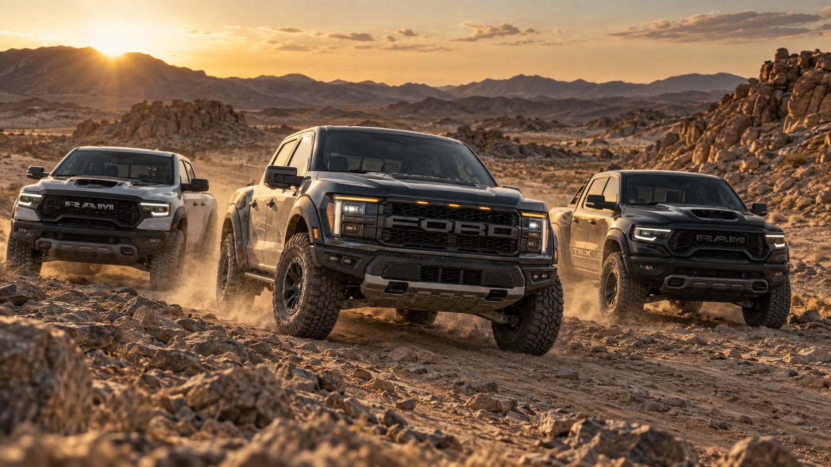 Ford F-150 Raptor Ram 1500 RHO and Ram TRX driving off road in the desert