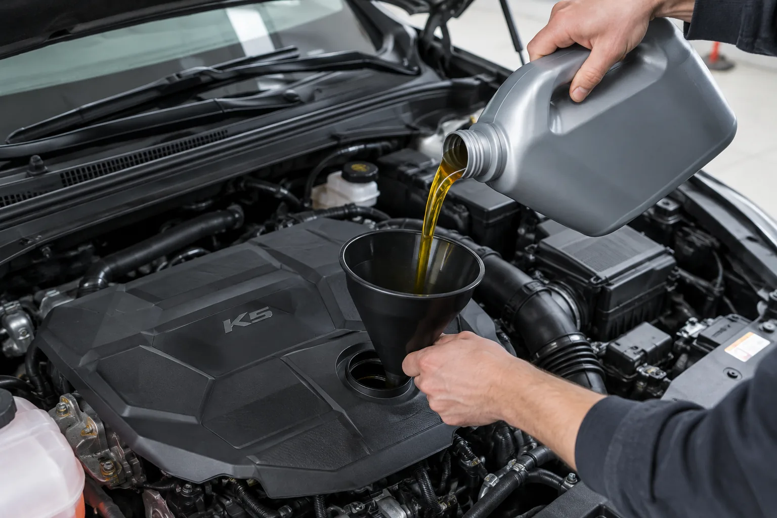 Hands pouring new engine oil through a funnel into the filler opening of a Kia K5 engine