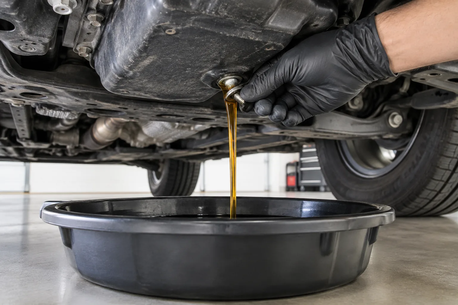Hand removing the oil drain plug on an Acura MDX over a low-profile drain pan