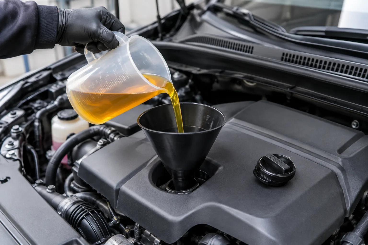 Hand pouring new engine oil through a funnel into a Lexus NX engine during a DIY oil change