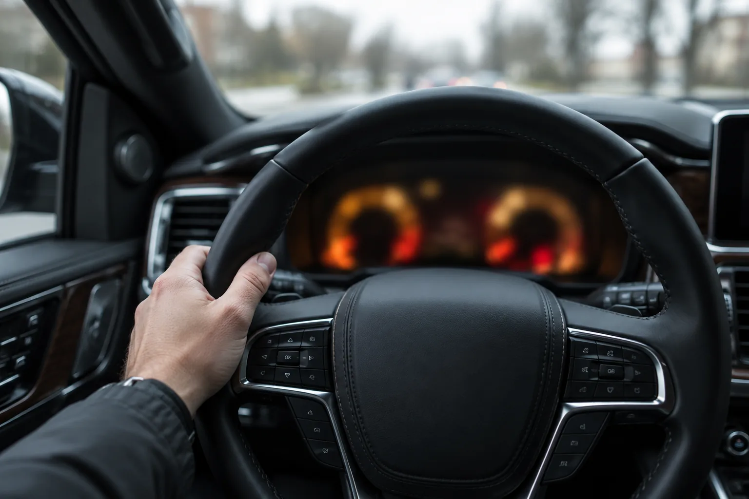 Driver's hand on the steering wheel of a Lincoln Navigator with the dash warning area softly glowing and out of focus