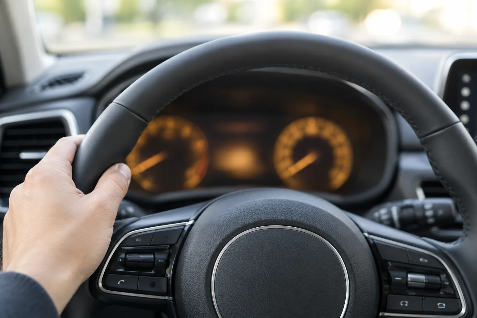 Driver's hand on the steering wheel of a Kia Seltos with the softly blurred instrument cluster glowing behind it