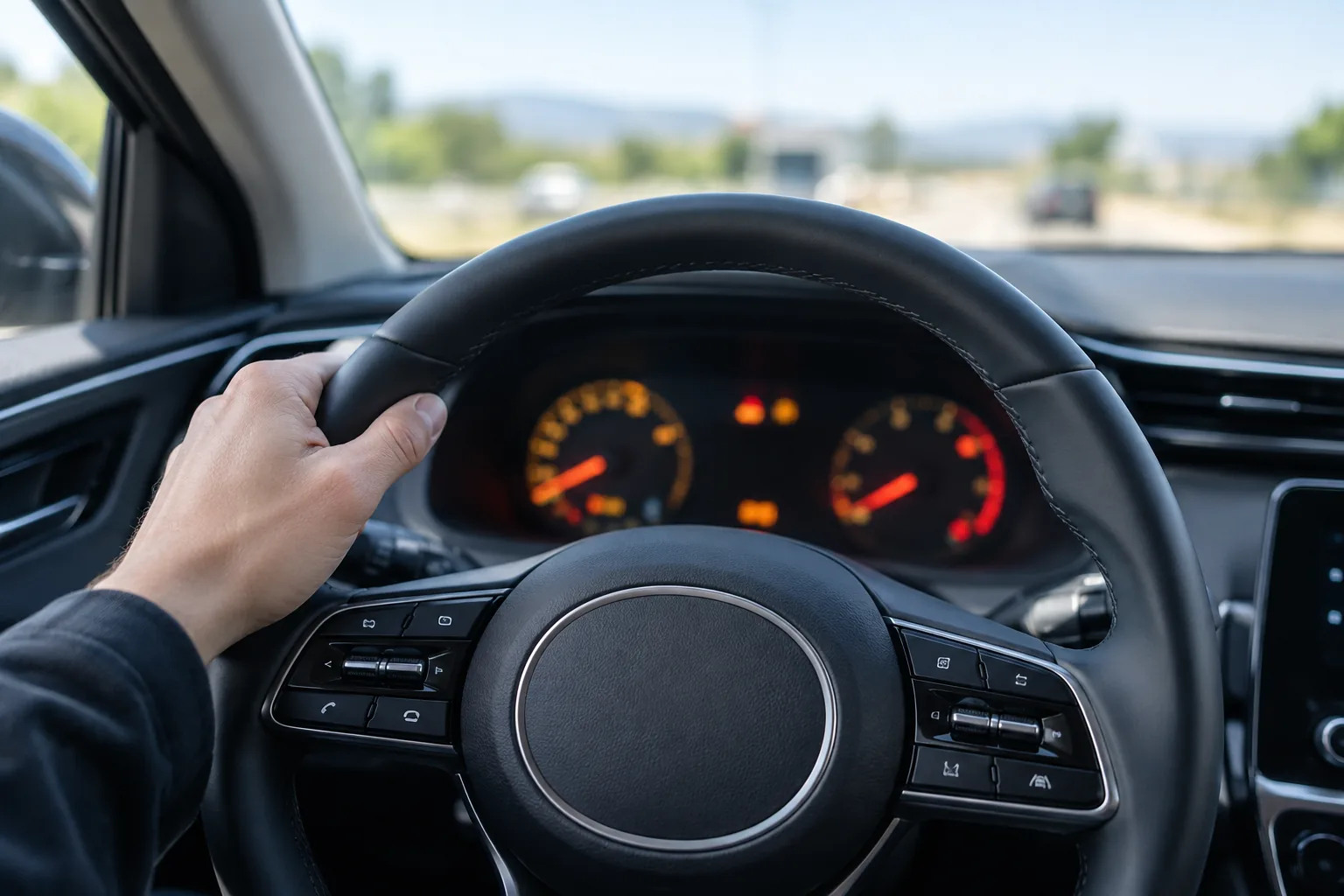 Driver looking at the blurred instrument cluster of a Hyundai Santa Cruz while identifying a dashboard light