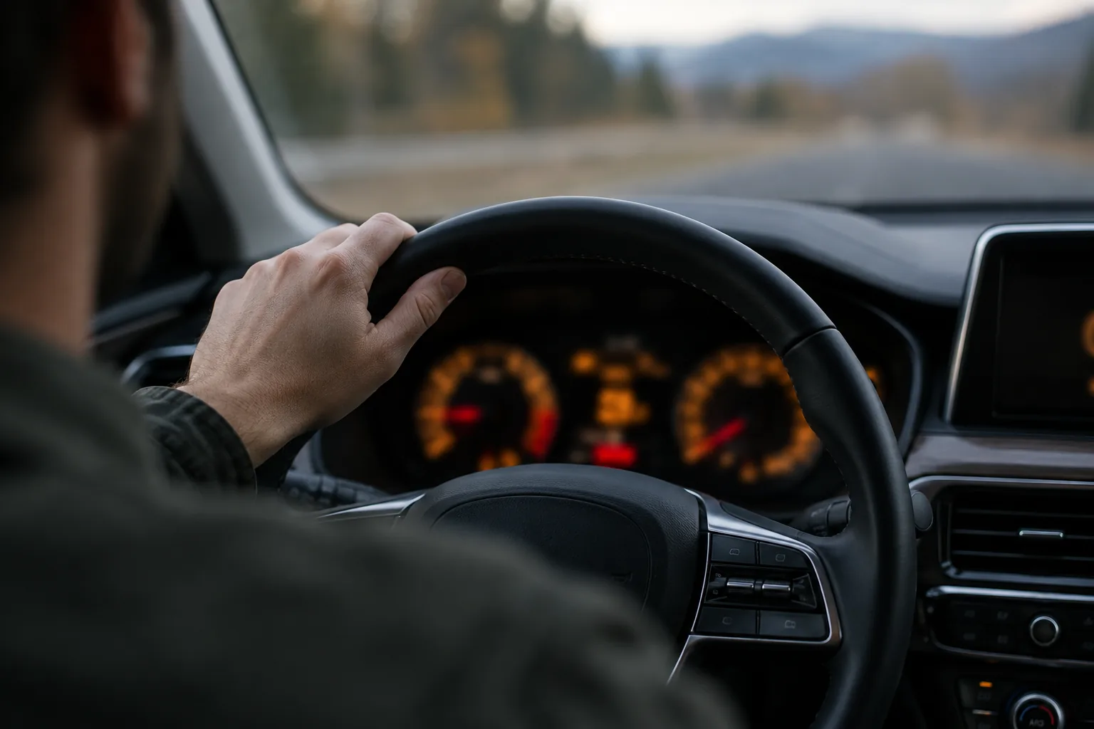 Driver's hand on the wheel of a Kia Telluride with a softly blurred glowing instrument cluster
