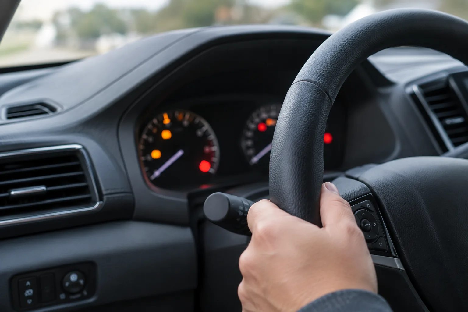 Blurred dashboard warning lights in a Honda Passport with a driver's hand on the steering wheel