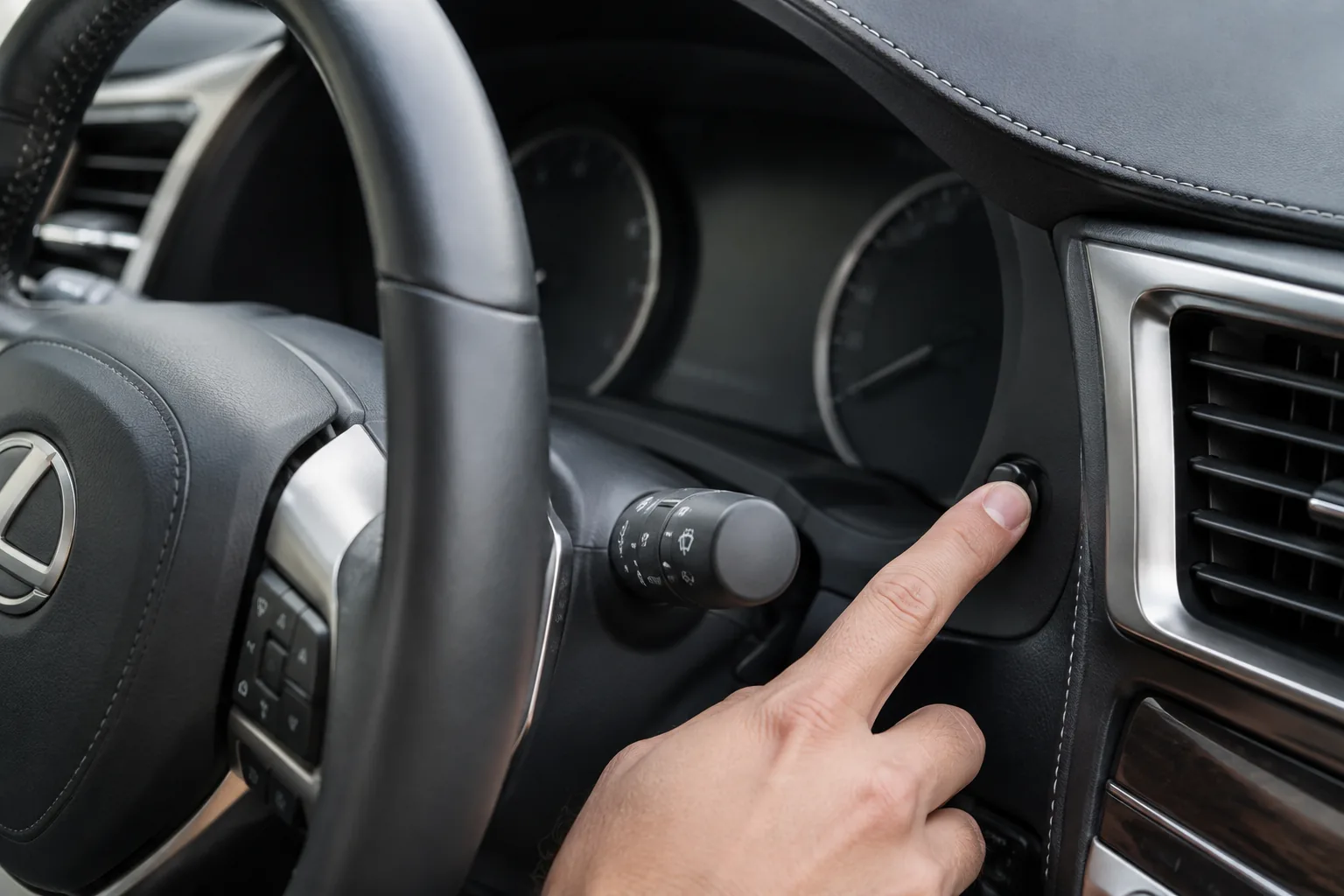 Driver's finger holding the trip reset button on a Lexus RX instrument cluster