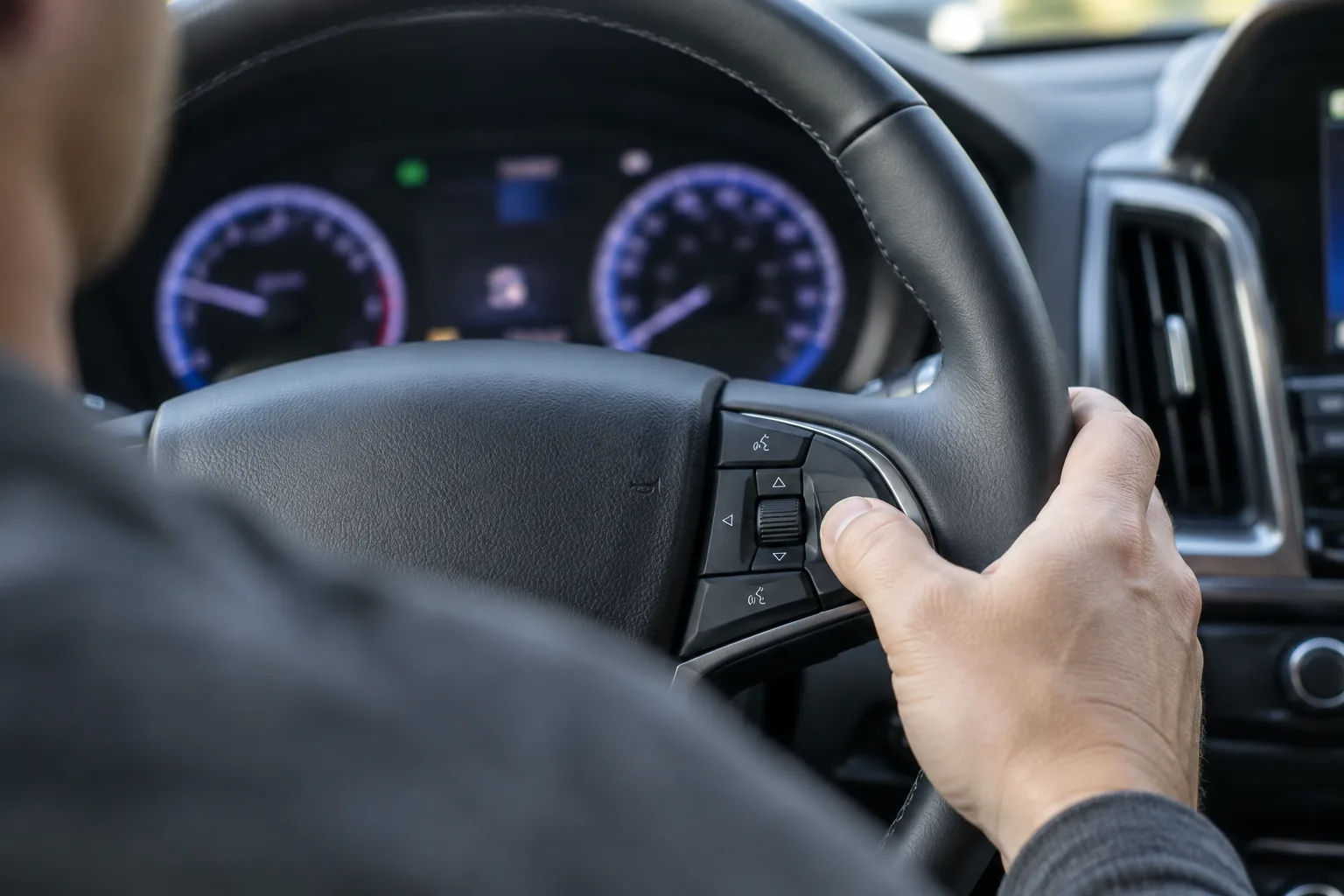 Driver's hand pressing a steering wheel control inside an Acura MDX to begin a Maintenance Minder reset
