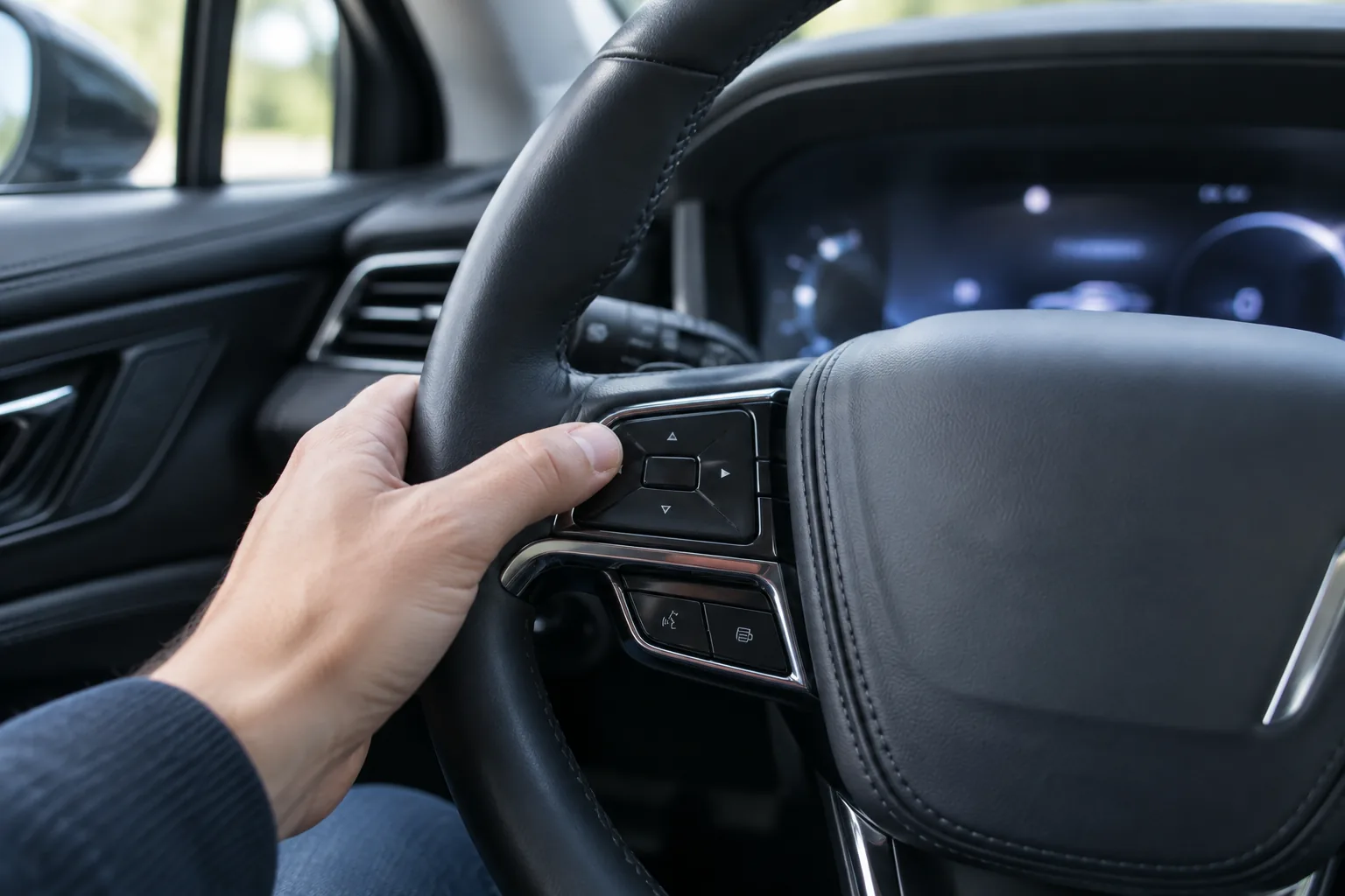 Driver's thumb pressing the steering wheel control buttons in a Lincoln Corsair SUV