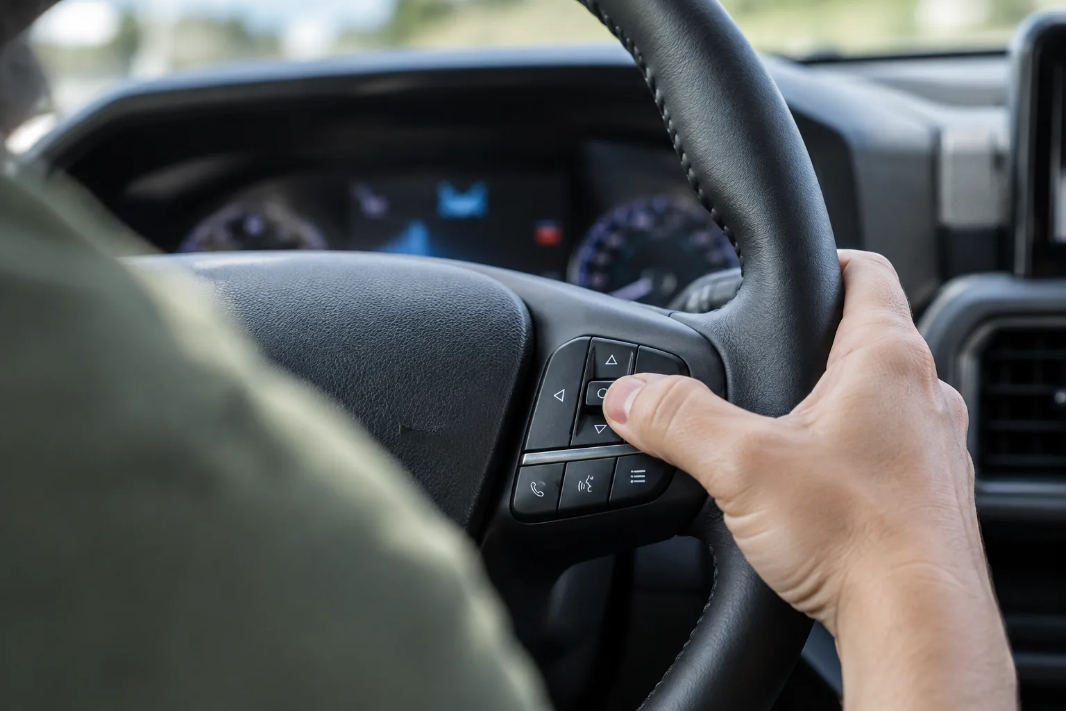Driver's thumb pressing the steering wheel menu buttons inside a Ford Bronco Sport