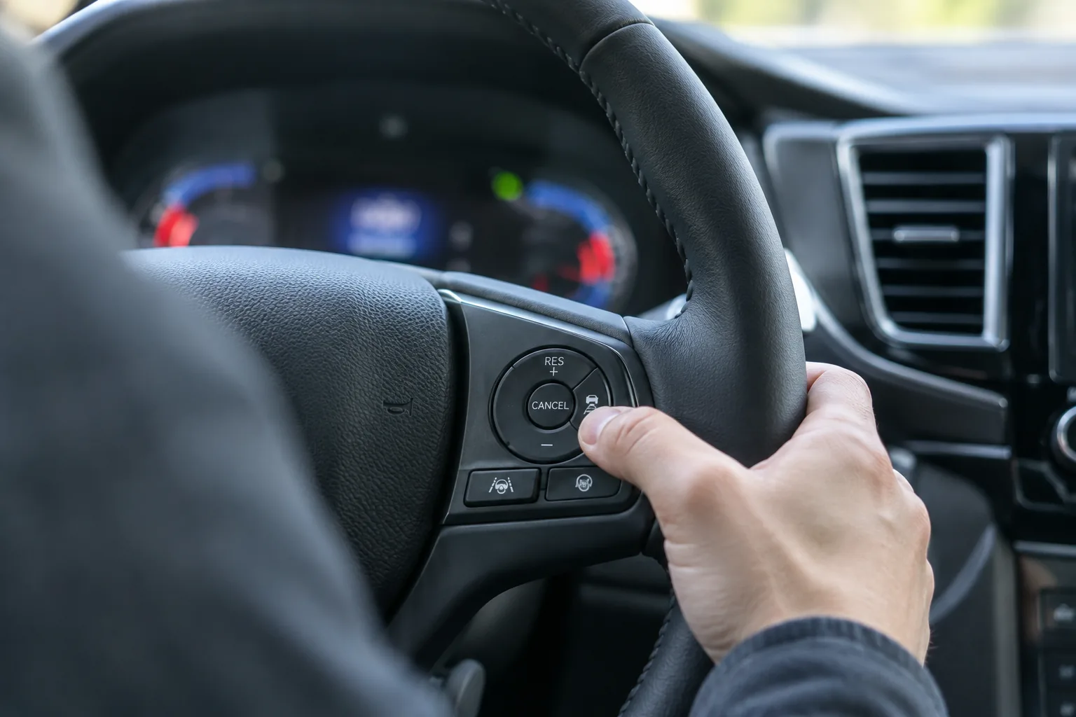 Driver's hand pressing a steering wheel button inside a Honda Passport to reset the oil life reminder