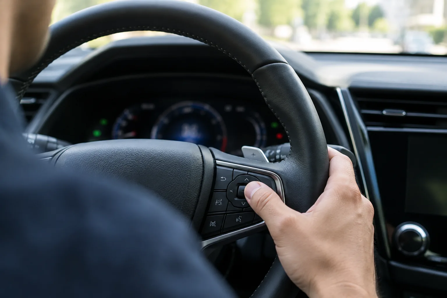Driver's thumb pressing a steering wheel control inside a Lexus NX to navigate the maintenance reminder reset
