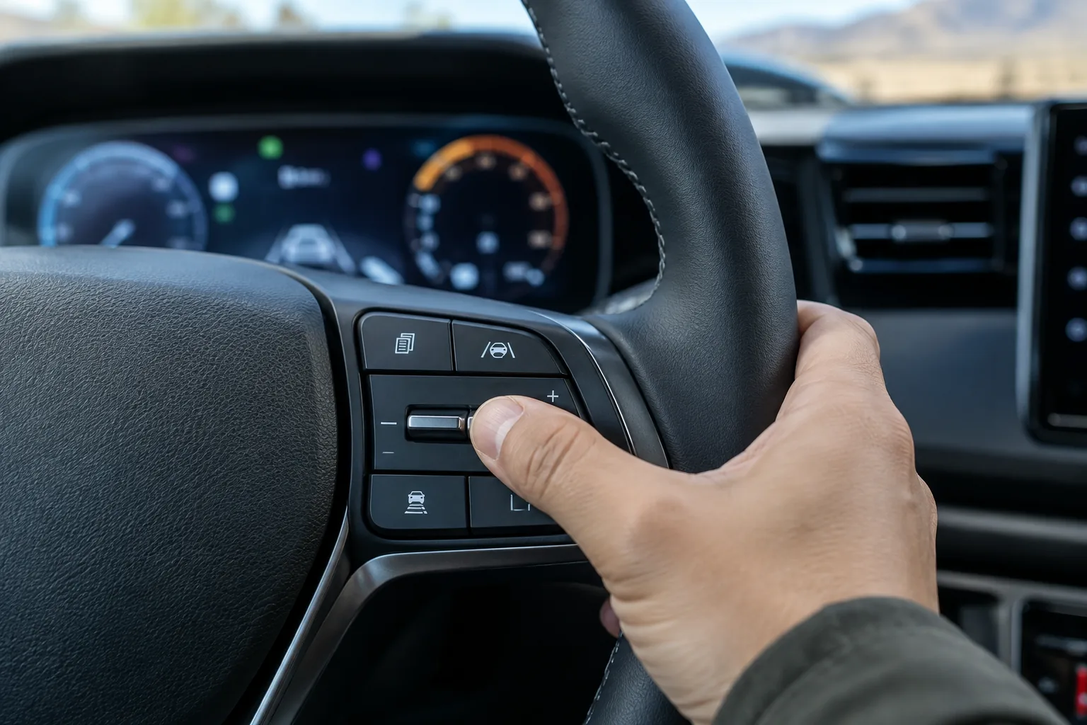 Driver's thumb pressing a steering wheel button in a Hyundai Santa Cruz to reset the service reminder