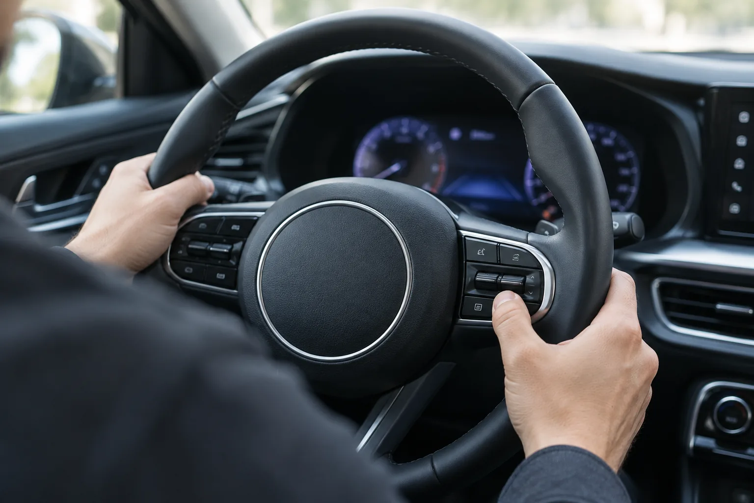 Driver's thumb pressing a steering wheel button inside a Kia K5 sedan to navigate cluster settings