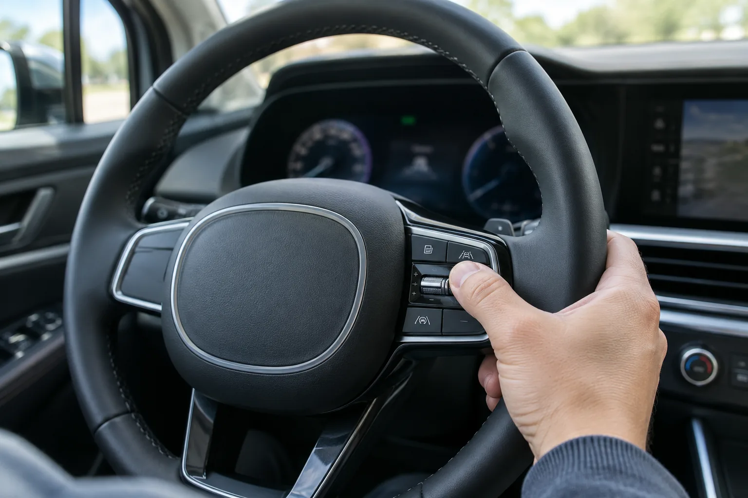 Driver's thumb pressing the steering wheel controls inside a Kia Carnival minivan to navigate the cluster settings menu