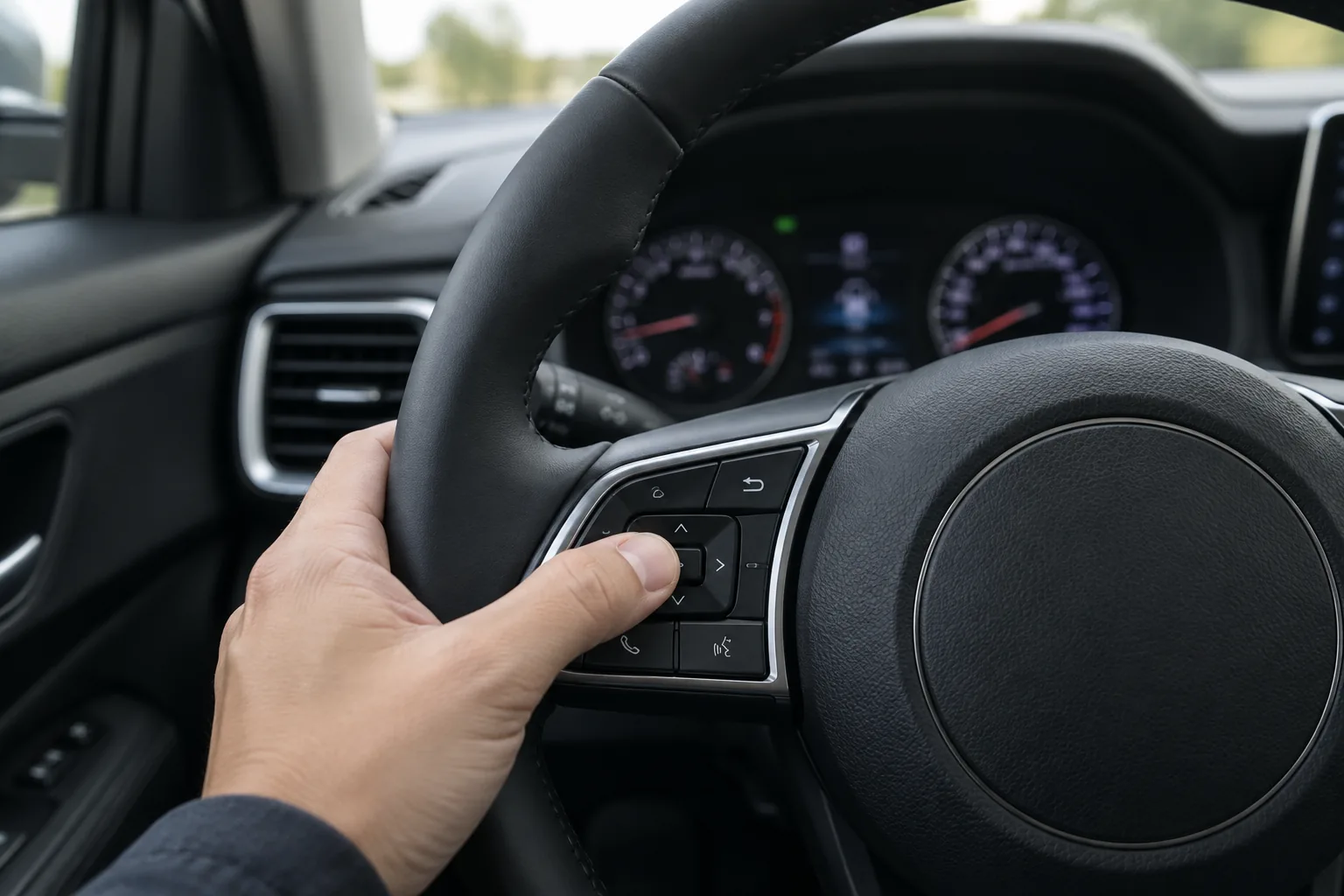 Driver's thumb pressing the steering wheel control buttons inside a Kia Seltos to navigate the cluster menu