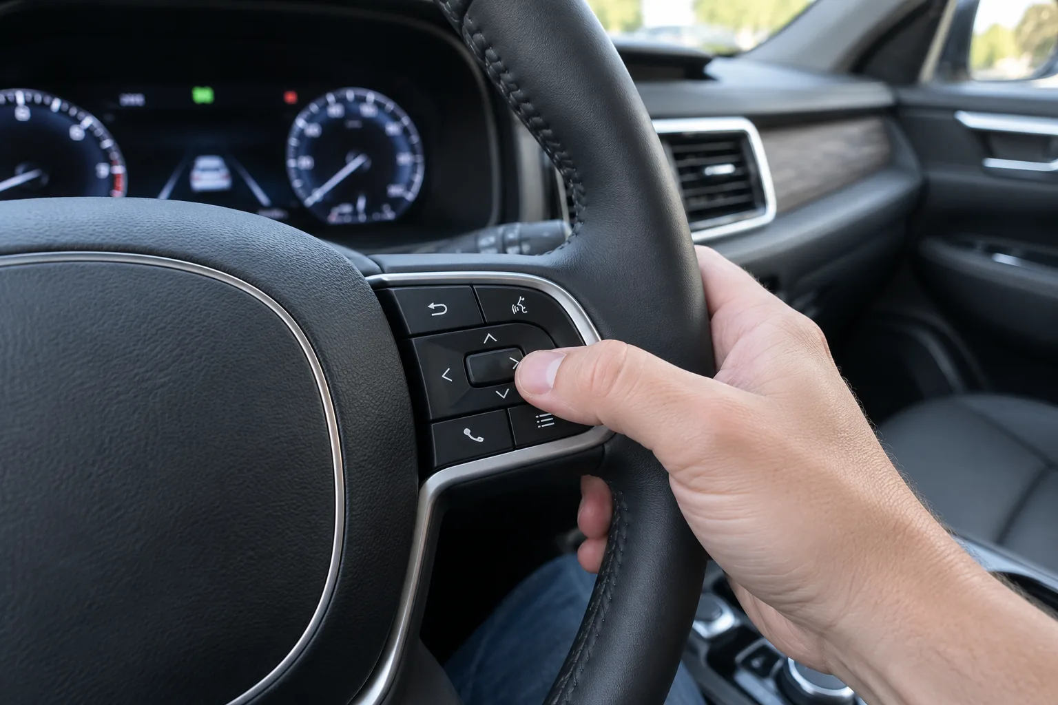 Driver's hand pressing the steering wheel control buttons inside a Kia Telluride