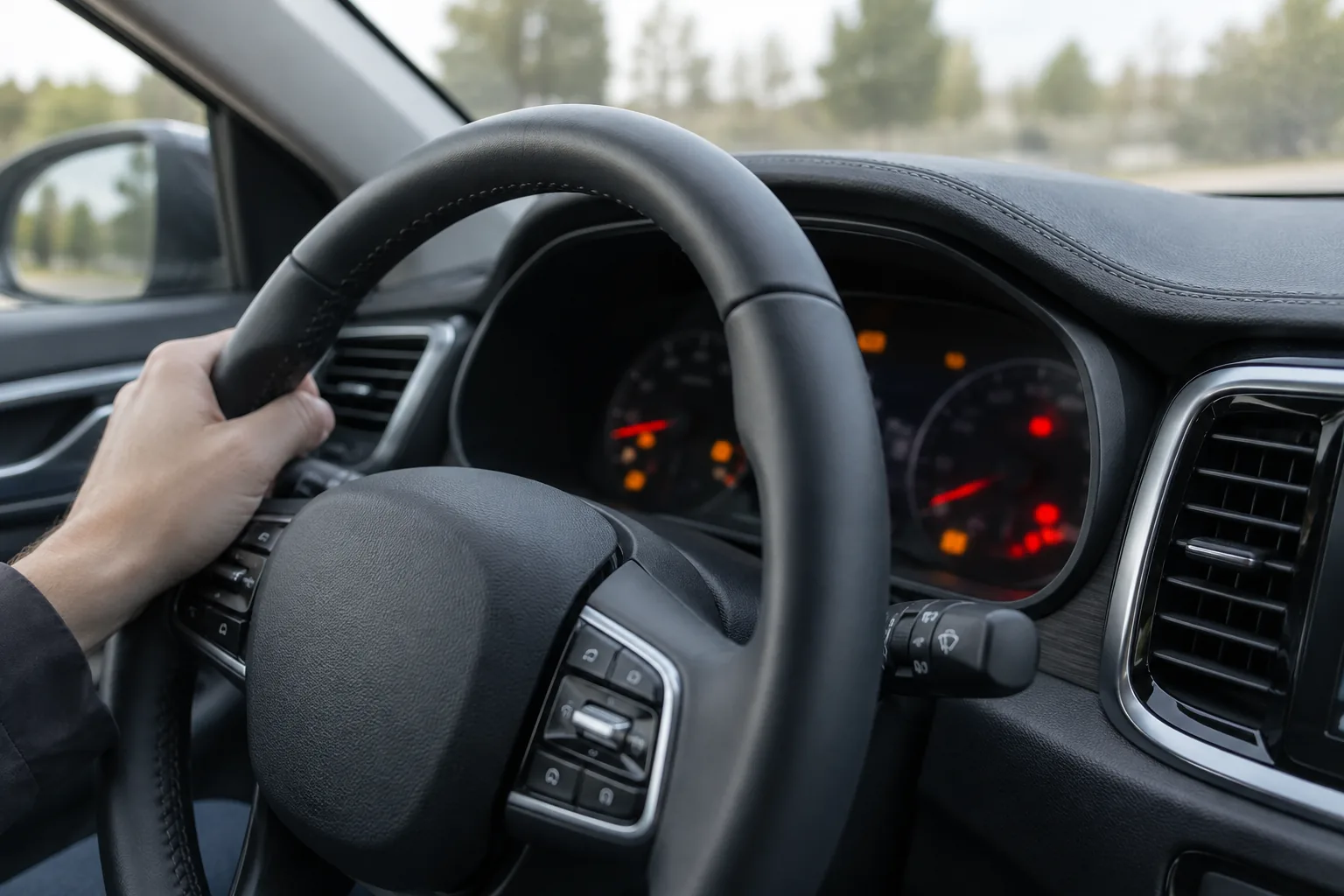 Kia Sorento instrument cluster seen from the driver's seat with blurred, glowing indicator lights