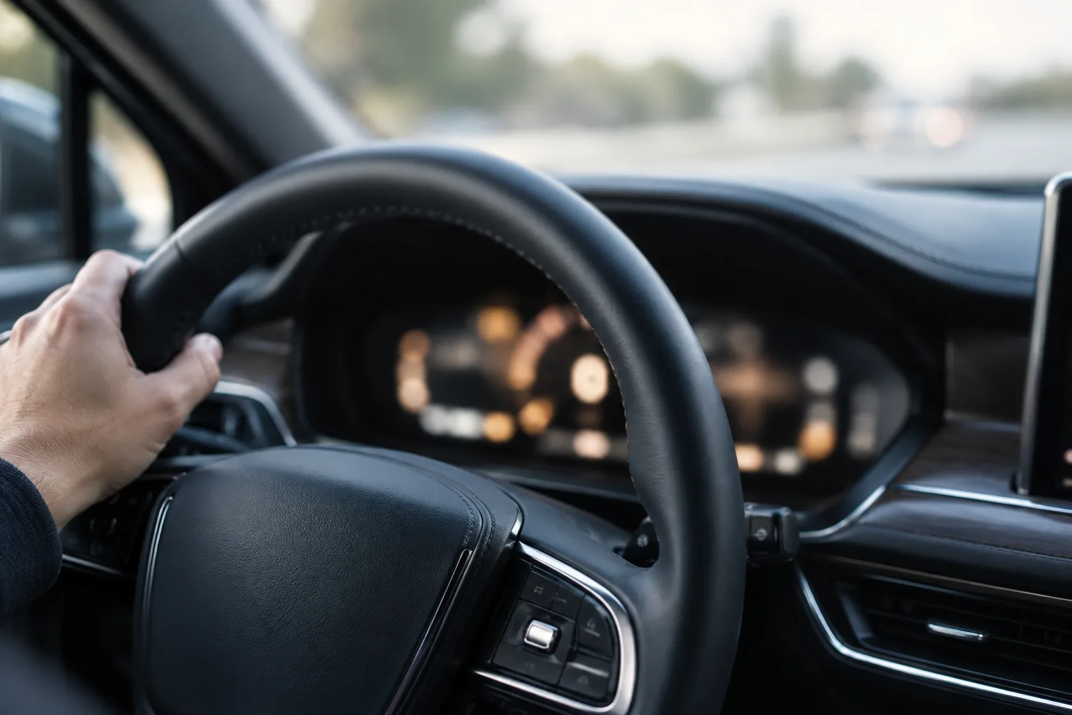 Driver glancing at the blurred instrument cluster of a Lincoln Corsair before resetting a reminder