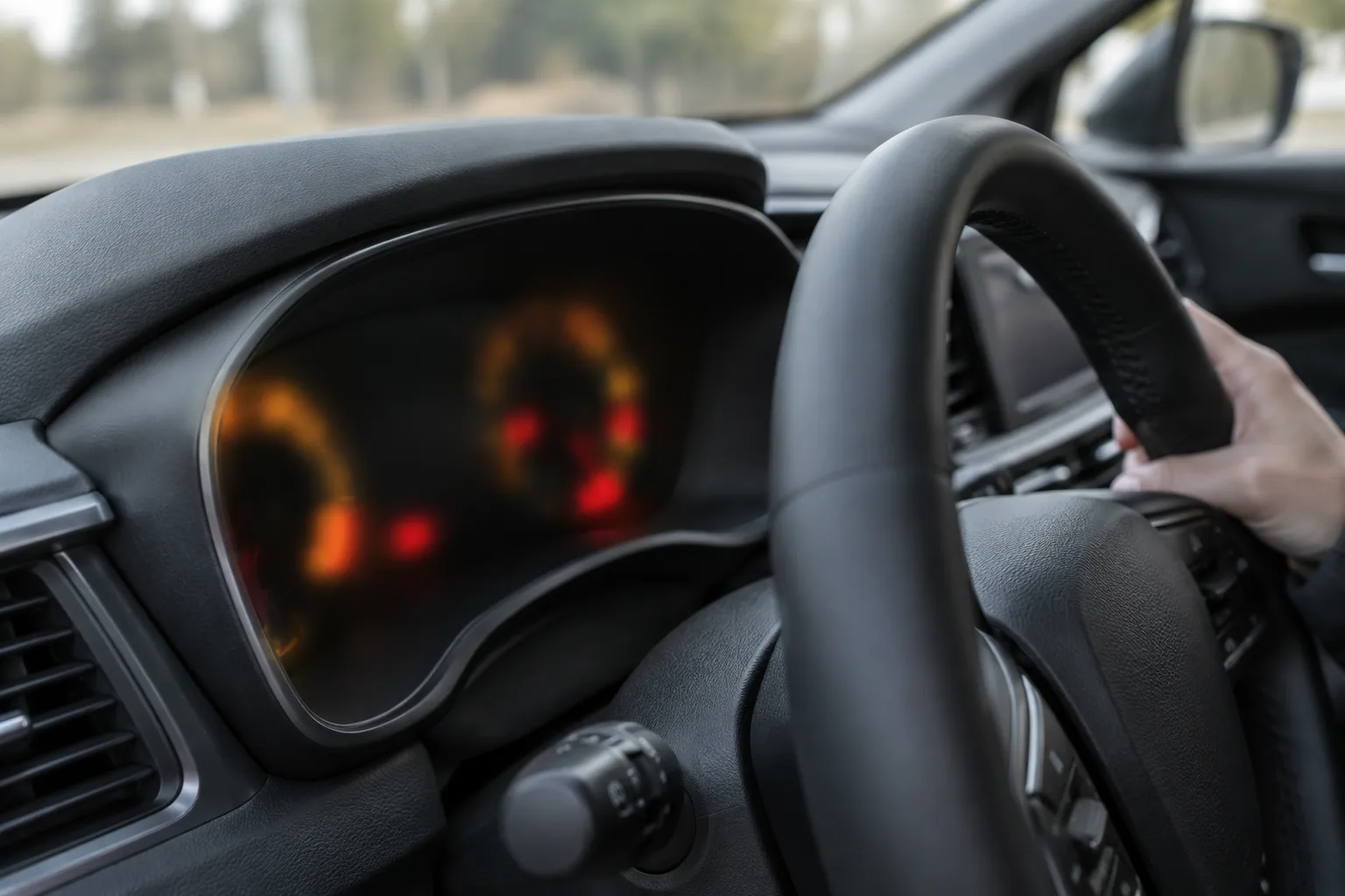 Instrument cluster of a Kia Carnival minivan seen at an angle with indistinct warning glows, representing identifying which dash light is on