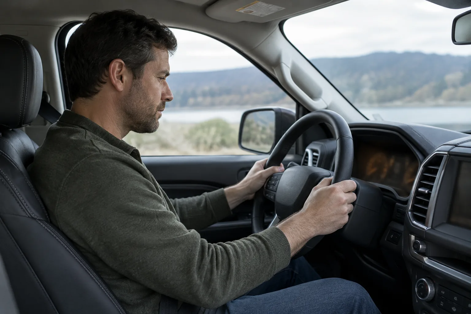 Driver studying the instrument cluster of a Ford Expedition before deciding whether to reset the oil reminder