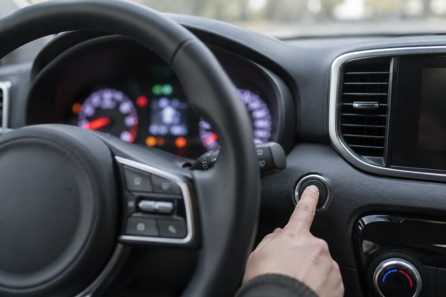 Driver pressing the start button in a Kia Sportage as the dashboard lights up
