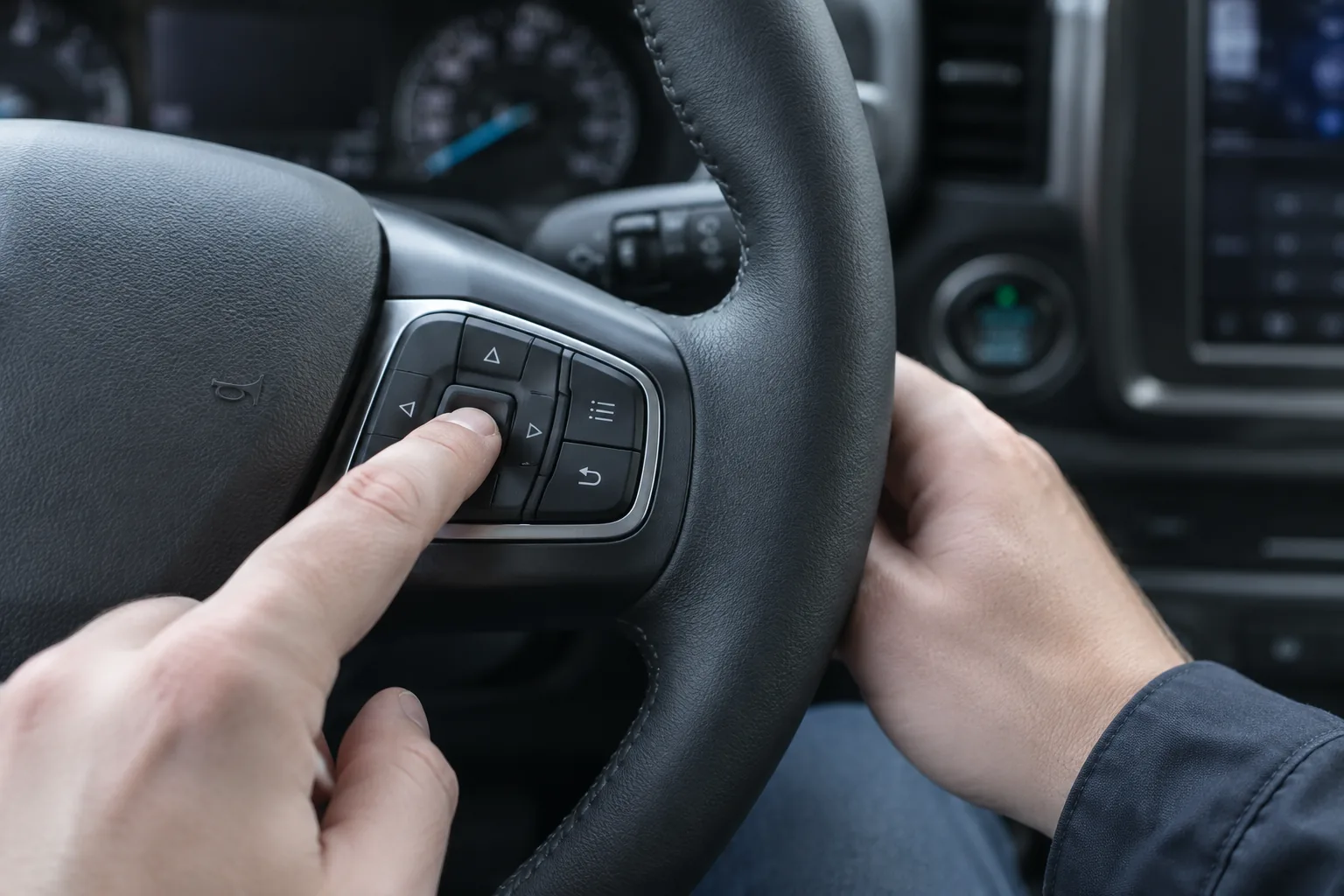 Finger holding the OK button on a Ford Bronco Sport steering wheel to retry the oil life reset