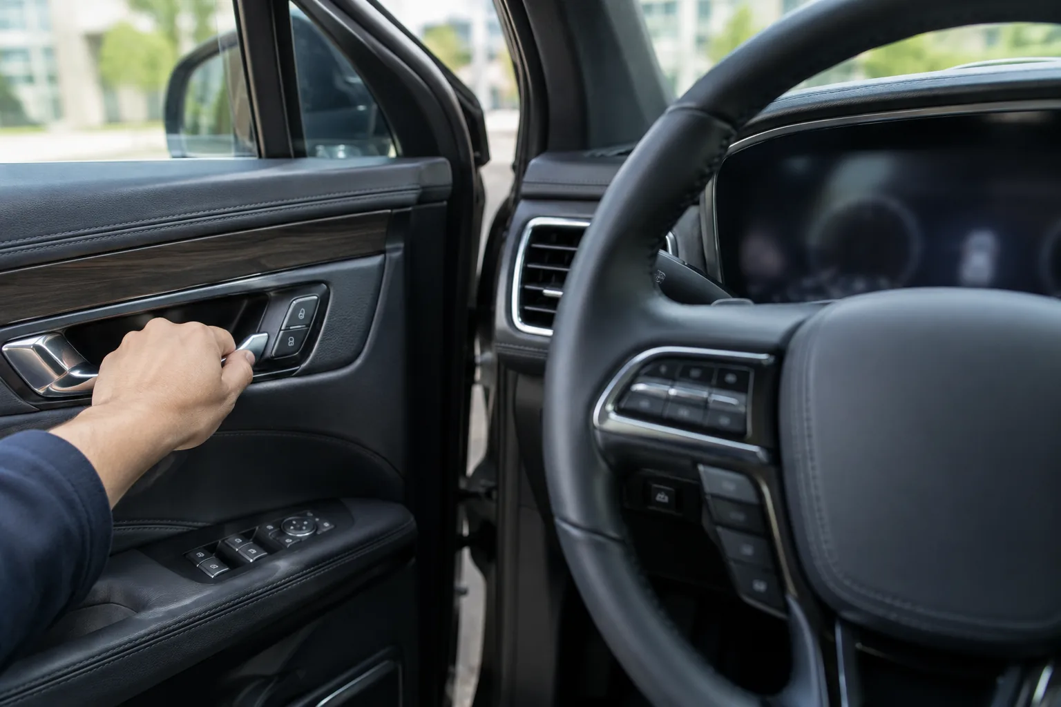 Hand opening the driver's door of a Lincoln Nautilus while troubleshooting a reset