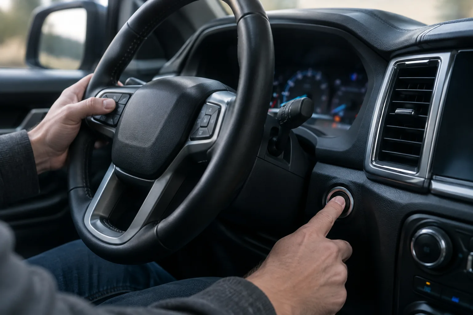 Hands holding the steering wheel control while troubleshooting a Ford Ranger oil reminder reset