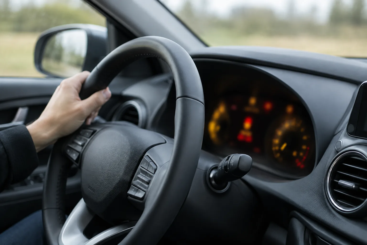 Driver glancing at the blurred instrument cluster in a Hyundai Kona to identify which dashboard reminder is showing