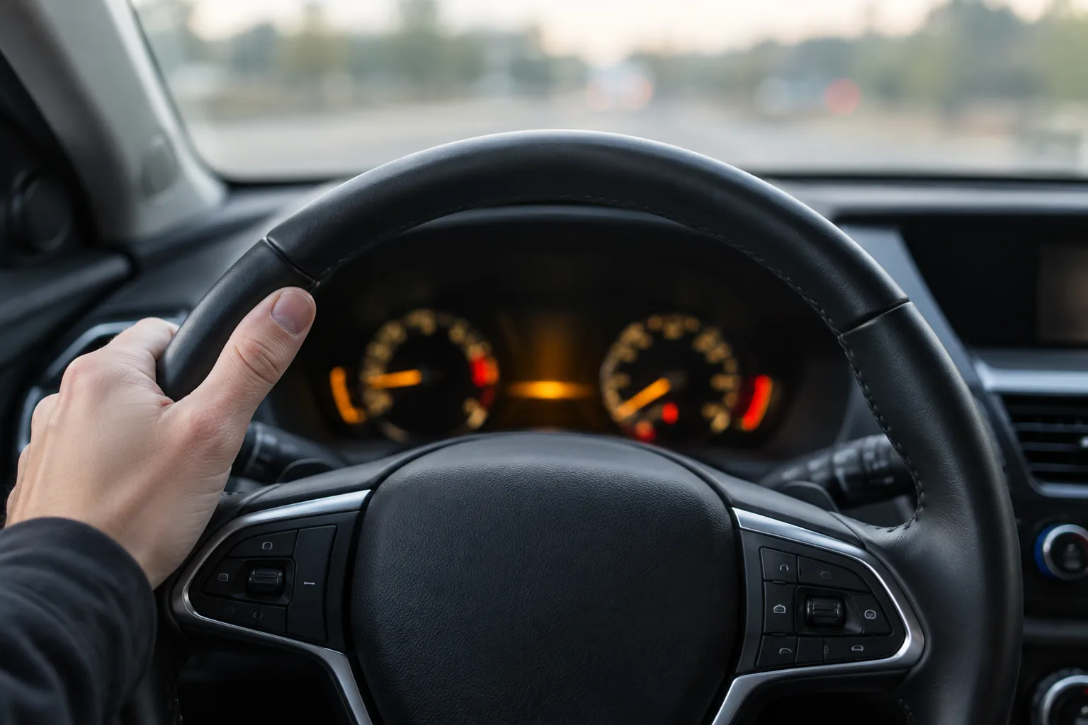 Driver's hand on the steering wheel of an Acura RDX with a blurred glowing instrument cluster behind it