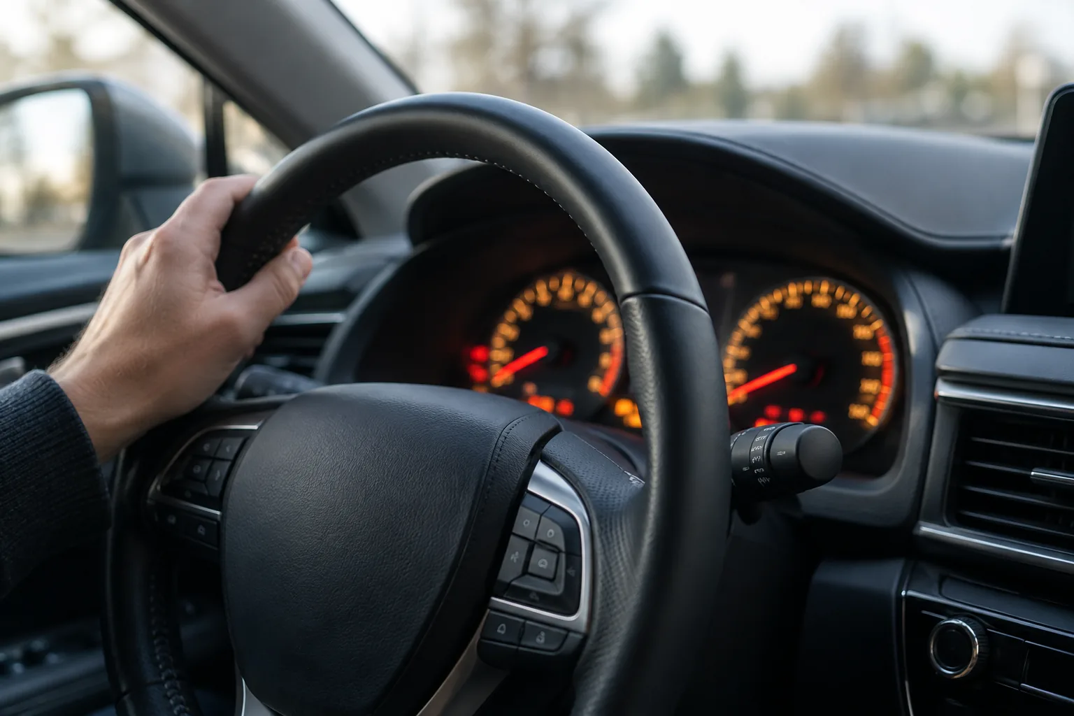 Driver glancing at the dashboard lights in a Lexus RX to identify which light is on