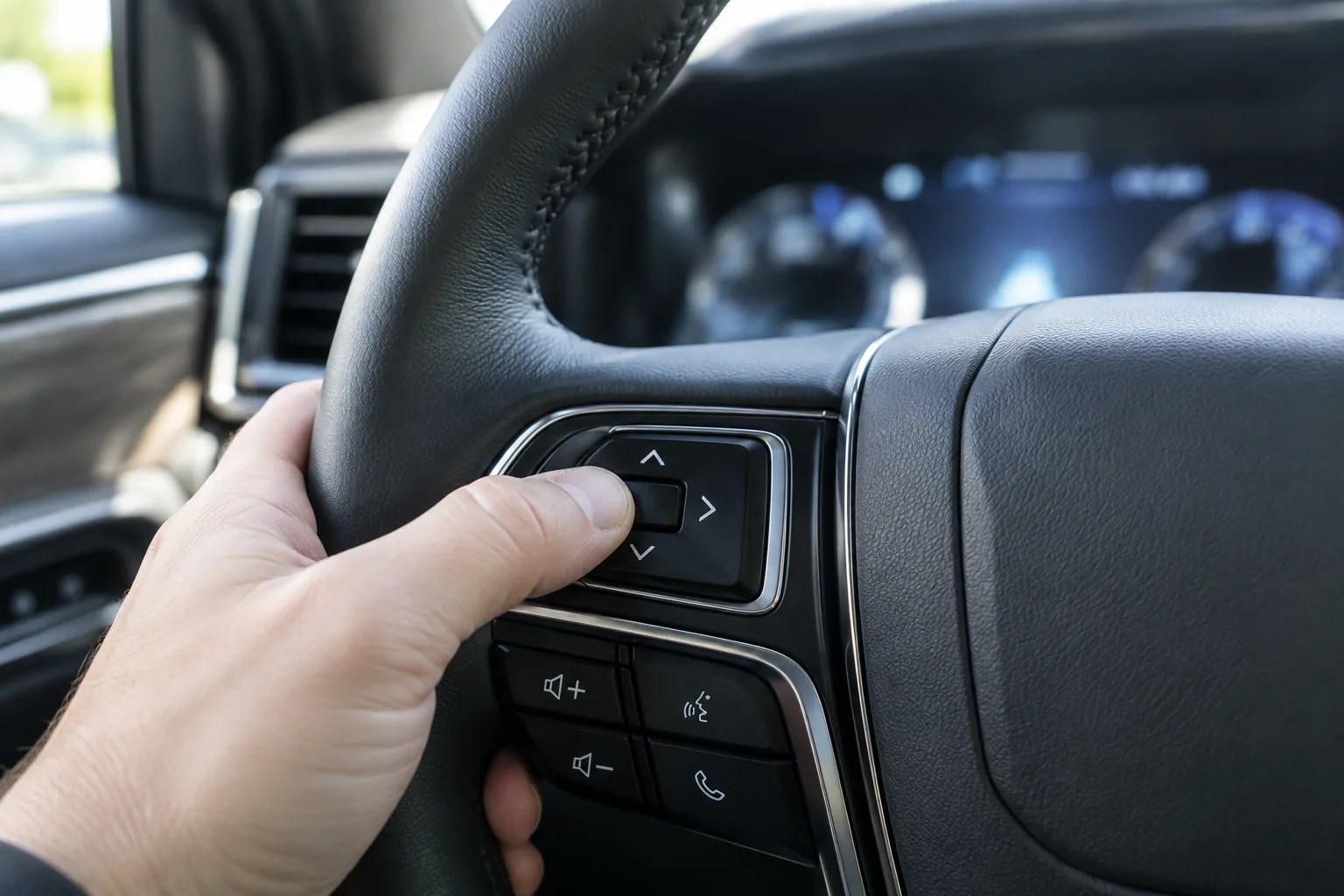 Driver's thumb pressing a steering wheel control button inside a Lincoln Navigator to navigate the cluster menu