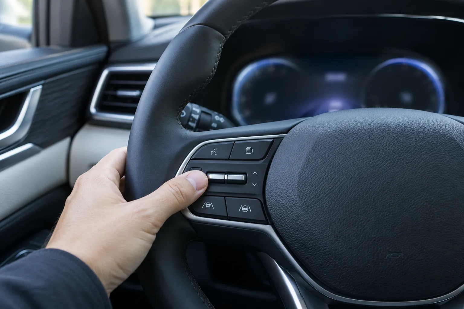 Driver's thumb pressing a steering wheel control inside a Hyundai Palisade SUV
