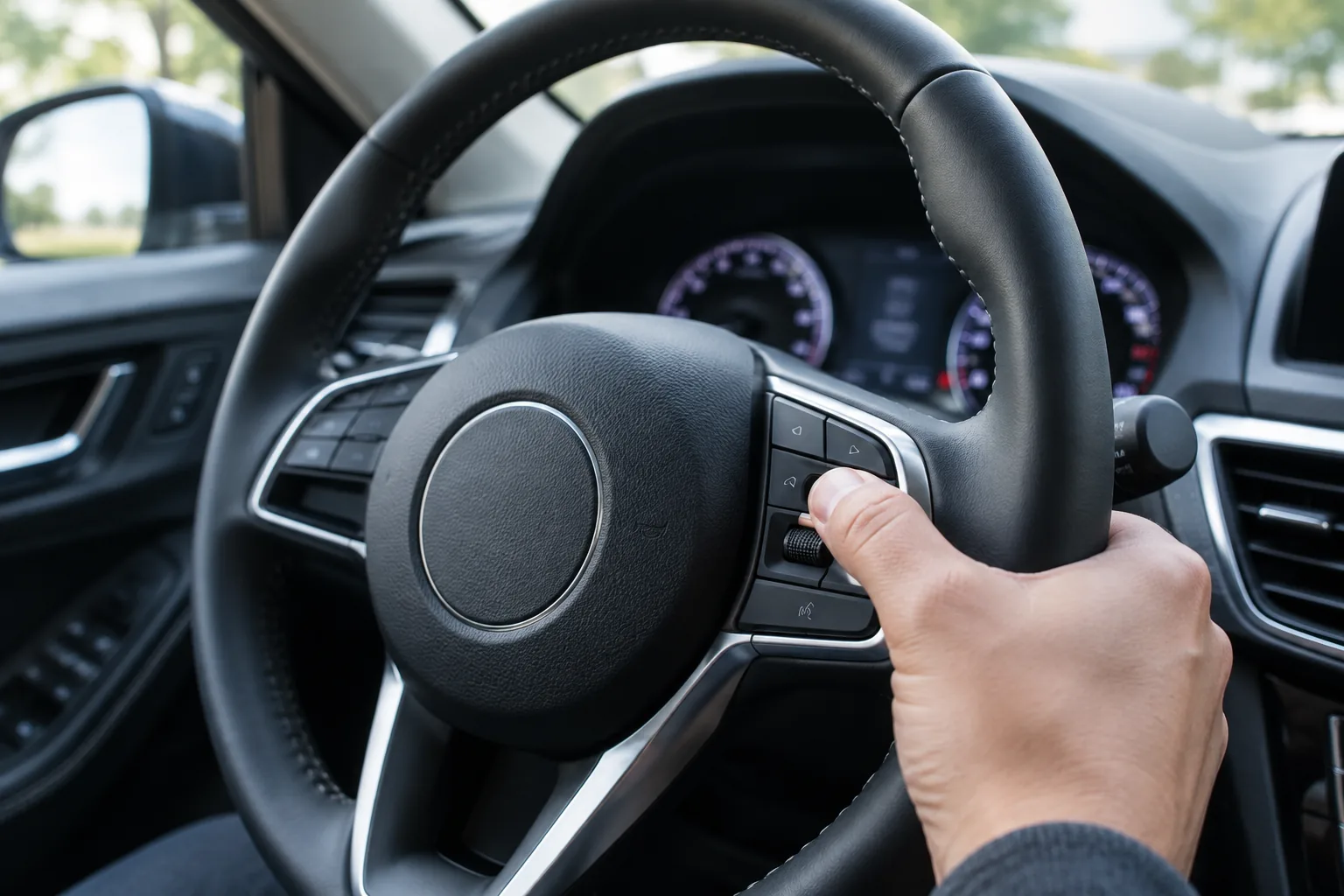 Driver's hand pressing a steering wheel button inside an Acura RDX to reset the Maintenance Minder