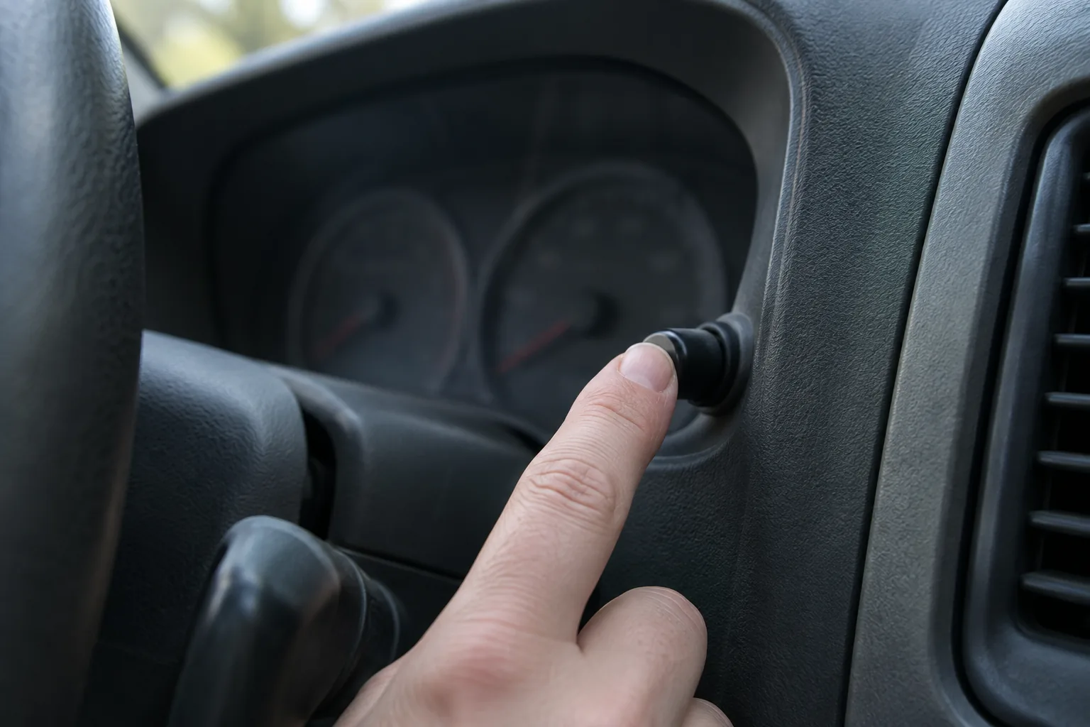 Finger holding the instrument panel reset control in an older Honda Ridgeline
