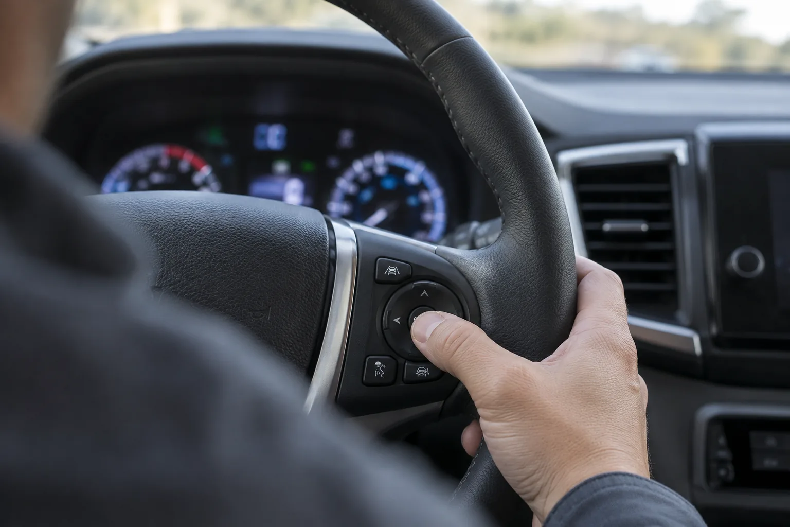 Driver's thumb pressing a steering wheel control in a Honda Ridgeline cabin