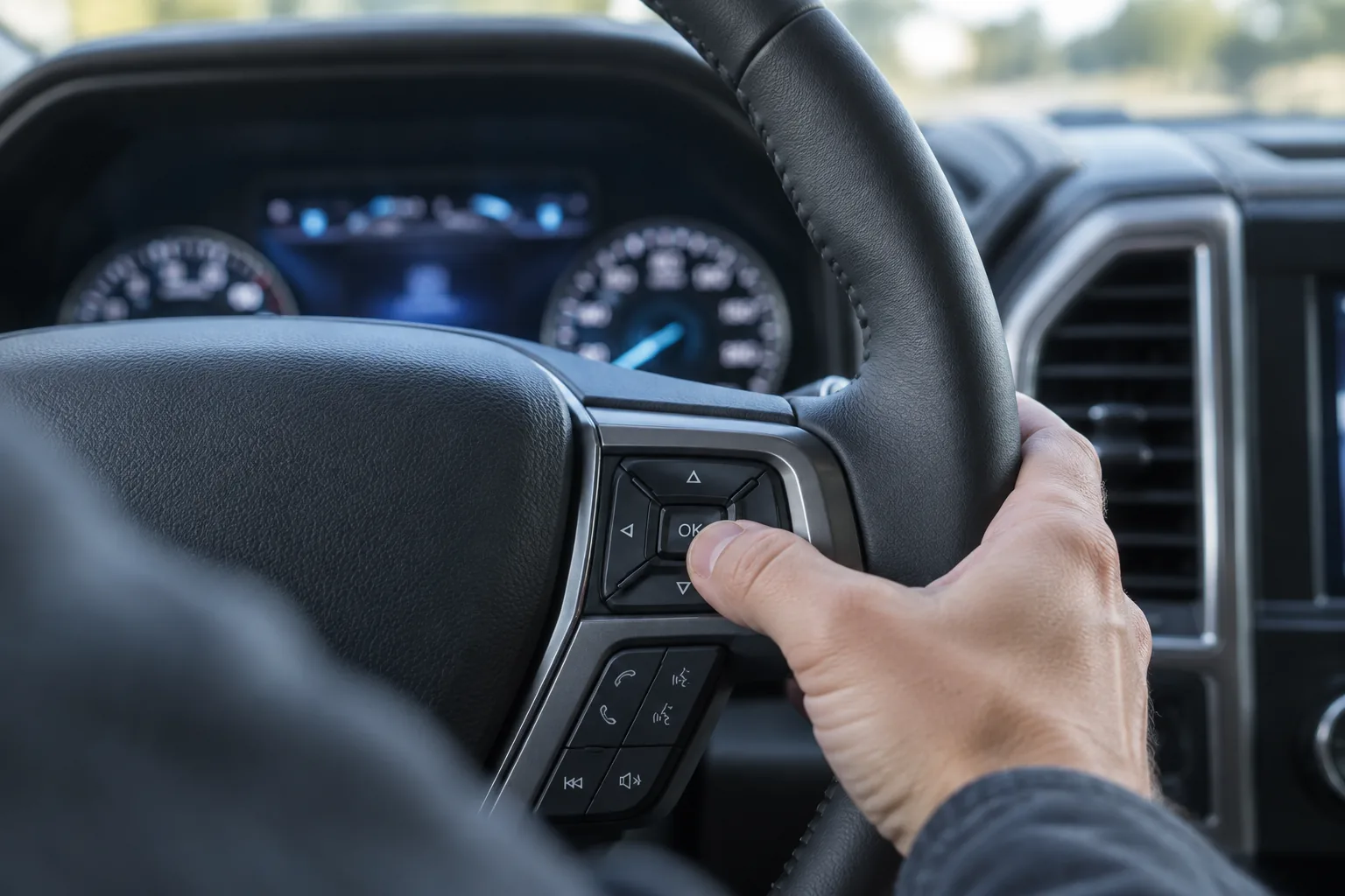 Driver's thumb pressing the steering wheel menu controls in a Ford Expedition to start the oil life reset