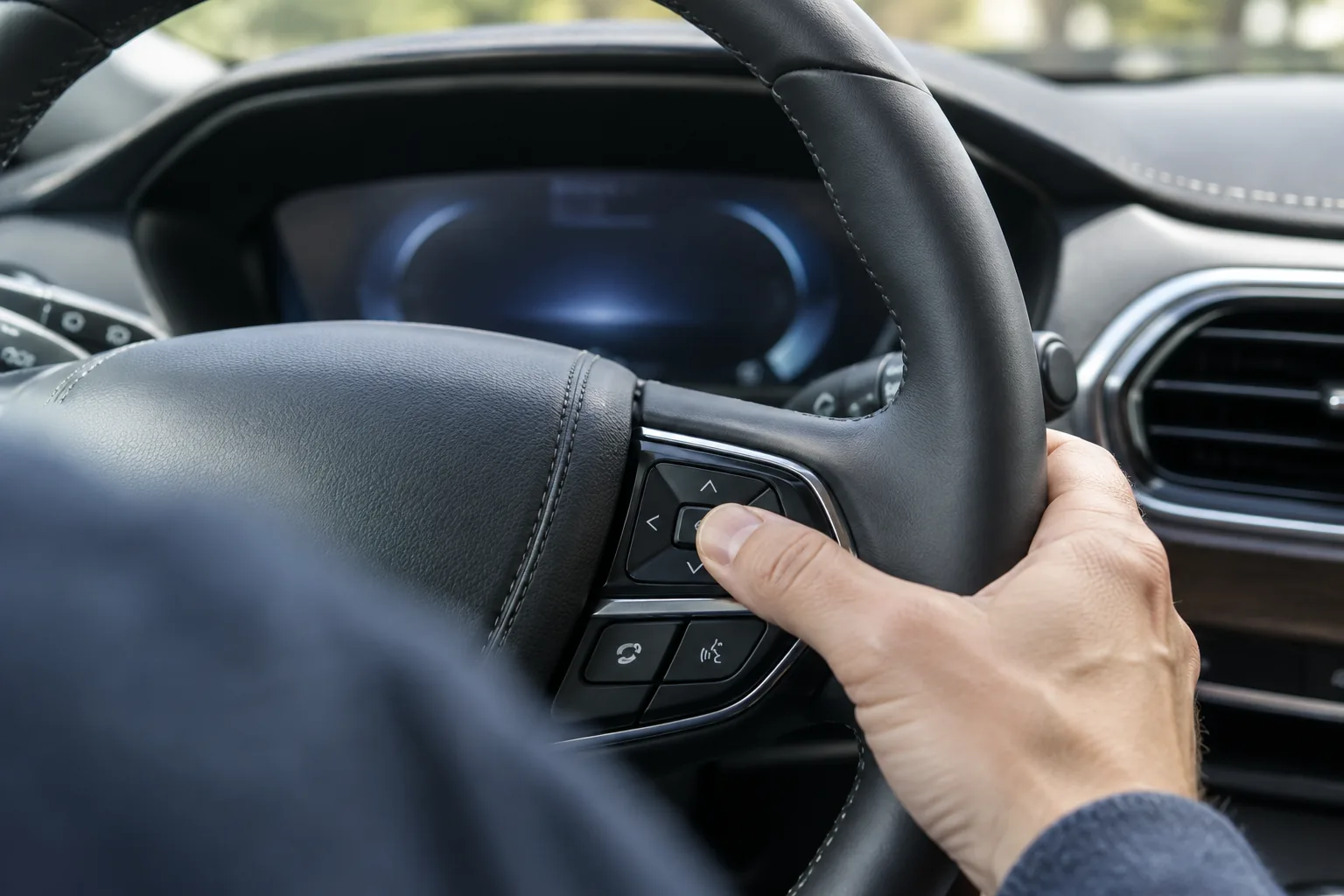 Driver's thumb pressing a steering wheel control button inside a Lincoln Nautilus