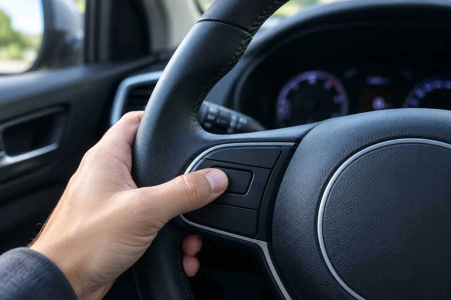 Driver's thumb pressing a steering wheel control button inside a Kia Sportage