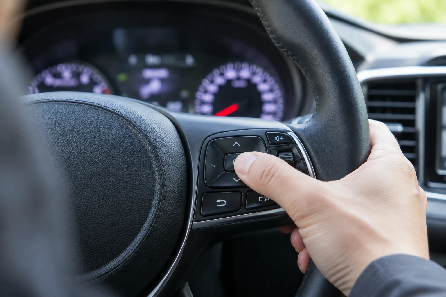 Driver's thumb pressing the steering wheel control buttons inside a Kia Sorento SUV