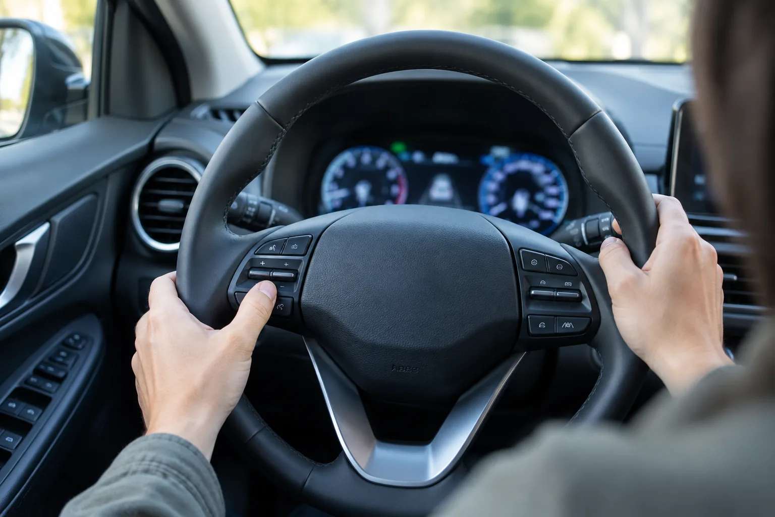 Driver's thumb pressing a steering wheel control inside a Hyundai Kona to navigate the instrument cluster menu