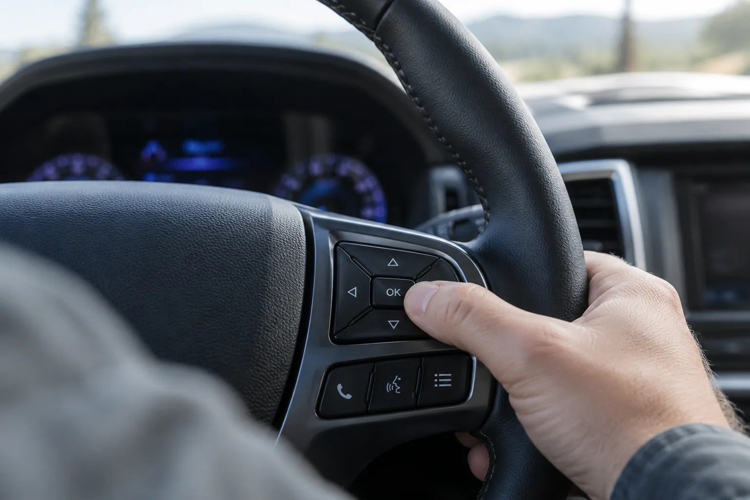 Driver's thumb pressing the steering wheel control button inside a Ford Ranger pickup